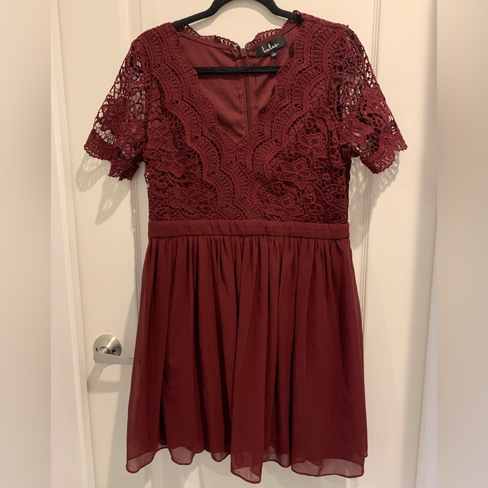 Lulu’s Womens Large Angel Disguise Burgundy Scalloped Lace Skater Dress Coctail